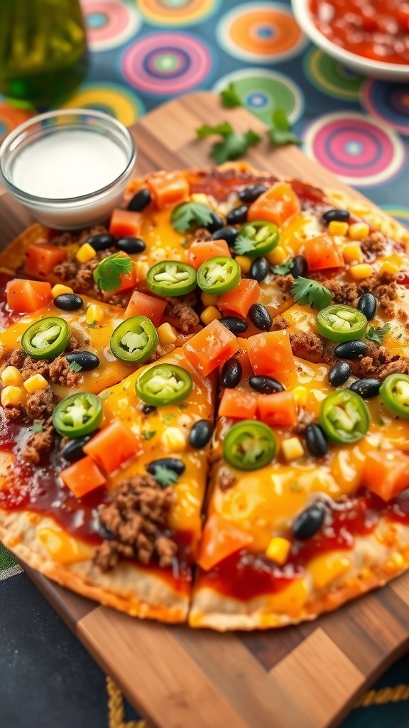 Tex-Mex Quesadilla Pizza Recipe Tex-Mex quesadilla pizza with cheese, beef, beans, and tomatoes, garnished with jalapeños and cilantro, served with sour cream and salsa.